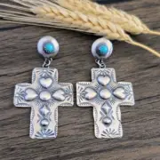 Navajo Old Style Stamped Sterling Silver Turquoise Concho Large Cross Earrings