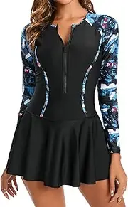 [Panegy] Women’s Long Sleeve Rash Guard Swimming Dress with Skirt Printed One Piece Swimsuit Bathing Suit Beach Wear, Black-3, M