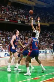 Kevin McHale Boston Celtics shoots v Bill Laimbeer and Joe Dumars - Old Photo