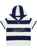 GUESS Navy Stripes Hooded Short Sleeve Top in Blue Size: 14, Cotton