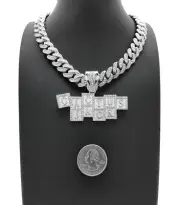Hip Hop Silver PT Iced CACTUS JACK Pendant & Iced Box Lock Cuban Chain Necklace