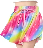 [Play Tailor] Butterfly Shorts Girls Flowy Athletic Short 2 in 1 Cheer Shorts with Pocket Drawstring for Running Dance Tennis