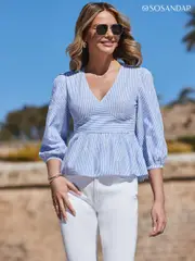 Sosandar Blue Stripe Print Peplum Hem 100% Cotton Top (Q61074) | $104
