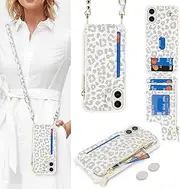 Cavor for iPhone 16 Plus Phone Case Vertical Flip Cover for iPhone16 Plus Crossbody Leather Wallet Credit Card Slots Kickstand Zipper Shoulder Strap for Women-Long Laryard White Leopard