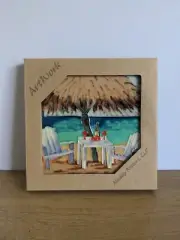 Muddy Water Hand Painted Tile 8 x 8 Beach Hut w Chairs NEW In Box
