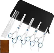 NIPUAEGO Professional Dog Grooming Scissors Kit, Stainless Steel Professional Pet Daily Trimming Kit with Safety Round Tip for Cutting Hair Salon DIY Blue Circle Silver