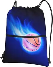 EdWal Blue Fire Basketball Ball Print Drawstring Backpack Gym Bags Sports Bags With Zipper Pocket For Travel Beach, Black, One Size