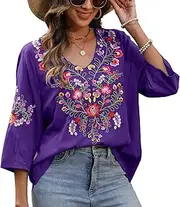 [Higustar] Women's Embroidered Tops Boho Floral Tunics Fiesta Shirts Peasant Hippie Clothes Traditional Bohemian Blouses