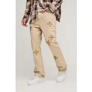 Mens Stonewash Tall Cross Applique Gusset Detail Slim Flared Jeans
