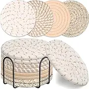Coasters, 8 Pack Coaster, for Drinks, Beer, Coffee, Cotton Woven Absorbent Coaster with Metal Holder, Coaster Set 4 - Color Cup Coasters, Living Room Decor, Suitable for Family Travel (Multi-Color 1)