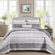 Xruibed King Quilt Bedding Set Grey White 3 Pieces Patchwork Stripe Pattern Quilt Coverlet Set Boho Reversible Bedspread with 2 Pillow Shams Soft Microfiber Lightweight Bedding Set(King,104"x 90")
