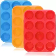 12 Cups Silicone Muffin Pan, Cupcake Pan, 3 Pack Silicone Molds Muffin Tins, Ca