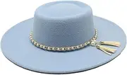 [Generic] Women Wide Brim Fedora Hat with Pearl-Chain Fashion Ring Flat Top Felt Jazz Hat Wedding Party Dress Hats