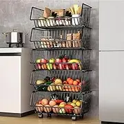 Kitchen Storage Cart on Wheels, 5-Tier Metal Fruit Basket Stand, Metal Utility Rolling Cart Fruit Vegetable Storage Basket Pantry Rack for Potato Onion Produce Snack Vegetables