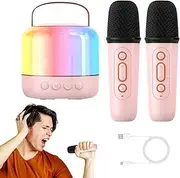 Wireless Karaoke Machine, Small Speaker with 2 Wireless Microphones, Sound Box with Led Light, Portable Music Player for Family Gathering