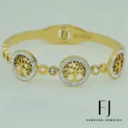 Women's 6.5" Stainless Steel CZ Tree of Life Bangle Bracelet 18k Gold plated BOX