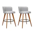 Set of 2 Wooden Fabric Bar Stools Circular Footrest - Light Grey