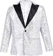 [Sxiwei] Boys Shiny Sequins Blazer Jacket Lapel Collar Tuxedo Suit Wedding Birthday Party One Button Formal Suit Coat