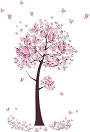 Pink Butterfly Tree Wall Decal, Nursery Room Sticker, 71.4 cm x 42.5 cm, Decorative Hearts Pattern