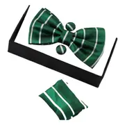 Mens Green Textured Stripe Matching Bow Tie, Pocket Square & Cuff Links Set