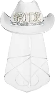 [yuksok] Women Cowboy Hat with White Veil, Girls Wide Brim Hat Adult Pearl Beaded "BRIDE" Hats for Engagement Outdoor Holiday Decorative