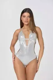 Endless Summer Silver Metallic Beaded Designer Luxury Monokini One Piece Swimsui