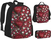 [ERCgad] Valentine'S Day Print Canvas 3-In-1 School Bags Set Backpack Lunch Bag Pencil Case Combo For Men Women, Black, One Size