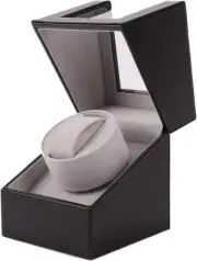 Automatic Single Watch Winder, in Wood Shell and Black Leather/Carbon Fiber Leat
