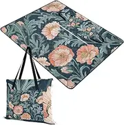 Yoogain Outdoor Mat Sand Free Picnic Camping Floor Mat for Grass Concert Blanket William Morris Flower Peach Dark Blue 60x80in