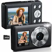 Digital Camera 4K 48MP Kids Camera,Dual Screen Autofocus Point and Shoot Digital Cameras with 64GB SD Card,16X Zoom,Built-in Batteries,Compact Camera,Black