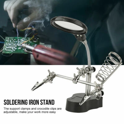LED Helping Hand Clamp Magnifying Glass Soldering Iron Stand Len Magnifier Tool