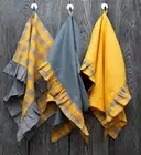 Linen Kitchen Towels Set 3 Ruffled Yellow gray Checked with loop Country cottage