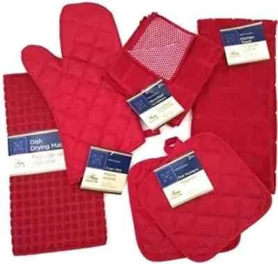 7 PC Holiday Red Kitchen Towel Set Dish Drying Mat &Cloths Potholders Oven Mitt