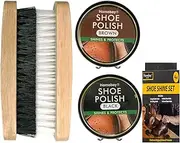[Homebay] 4pc Shoe Brush & Wax Polish Set (Black & Brown) | Traditional Leather Shine Shoe Polish Kit Boot Polish Brush Kit - Includes Applicator Shoe Brush, Buffing Brush, Black & Brown Polish, Black/Brown