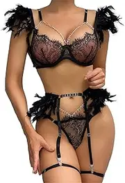 [Zylphorix] Women’s Feather Lingerie Set Garter Lace Elegant Feathers Sleepwear Mesh Mini Skirt Nightwear Bodysuit