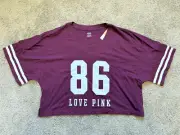 NEW PINK BY VICTORIA'S SECRET LOGO CROP VARSITY V-NECK TEE SHIRT TOP - XL