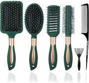 Anti Tangle Hair Brushes Combs Set for Women and Men 5 Pcs Paddle Hair Brush Set for Wet and Dryer Hair No Tangle Hair Brush for Curly or Straight Hair (Dark Green)