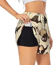 [WURTON] Hairy Ferret Print Exercise Gym Workout Shorts Women's Athletic Shorts Dual-Layered Yoga Running Shorts