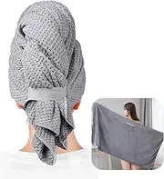Hair Towel Wrap for Women - Gray, Large (23" X 41"), Soft Microfiber, Fast Drying with Elastic Band, Ideal for Wet Curly Long Hair, Anti-Frizz (Gray)