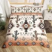 Manfei Geometric Aztec Kids Duvet Cover Set Queen Size,Horseshoe Cactus Rustic Cottage Bedding Set,Boys Girls Room Decor,Southwest Western Cowboy Tribal Retro Quilt Cover,2 Pillowcases(No Comforter)