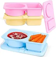 Reusable Snack Containers with Lids Silicone, 3Pack Double Compartment Snackle Box Container, Silicone Condiment Containers with Lids for Snack Sauce