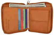 Mens Bifold Zipper Around Leather Wallet Secure Multi Pockets Tan Billfold New