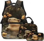 [FOR U DESIGNS] Capybara Backpack for School 1st Grade Bookbag and Lunch Box Set for Girls Kindergarten School Bag Set 3 in 1, Capybara Sleep