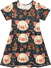 [FRODOTGV] Little Pig Face Leafs Girls Casual Dresses Short Sleeve Casual Loose Sundresses for Baby Girls, Little Pig Face Leafs, 7-8 Years