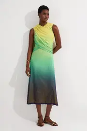 Sunset Ombre Mesh Wrap Bodice Jersey Midi Dress