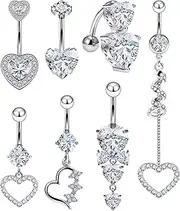 [Vsnnsns] 14G Belly Button Rings Belly Rings for Women Stainless Steel Belly Piercing Jewelry Surgical Steel Dangle Belly Button Rings Curved Navel Ring Barbell Heart CZ Body Jewelry Piercing 7 Pcs