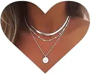 [Allereyae] Layered Coin Disc Necklace Choker Silver Snake Chain Necklace Vintage Satellite Chain Necklace Engraved Coin Pendant Necklace for Women, Metal