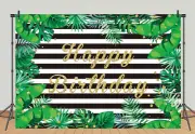 Palm Leaves Happy Birthday Backdrop 8x6FT Green Gold Tropical Party Decor Indoor
