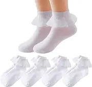 [ChAusa] Ruffle Socks, 4 Pairs, Girls' Lace Socks, Round Neck, Elastic Cotton Socks, White Princess Socks, Comfortable Fashion Cotton Socks, for Newborns, Toddlers, Girls, Children, White, 10