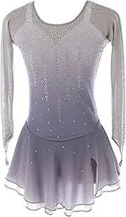 [Zagitova] Figure Skating Dress for Girls Breathable Gradient Open Back Women Dance Outfits with Shiny Rhinestone